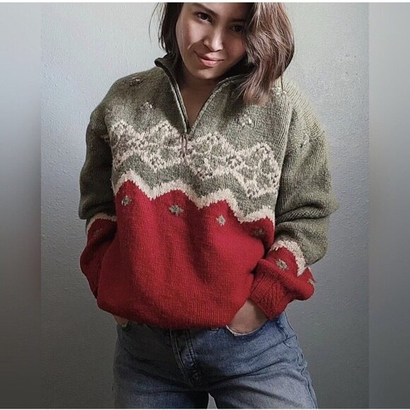 Willie Collection Cowichan Wool‎ Sweater Red, Green Size Small - Picture 1 of 7